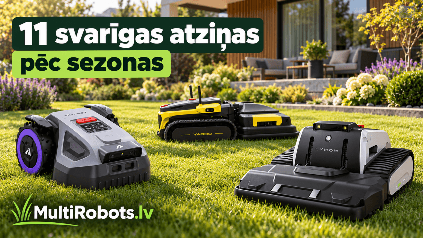 Robotizēto zāles pļāvēju apkope Yarbo, LyMow un AnthBot roboti zālienā pie privātmājas